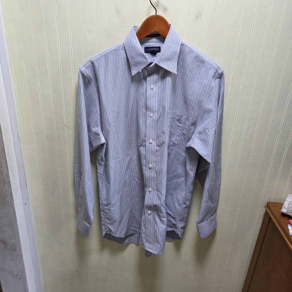 Lands End Dress Shirt Mens 15.5 34 Blue Stripe Non Iron Supima Oxford LS